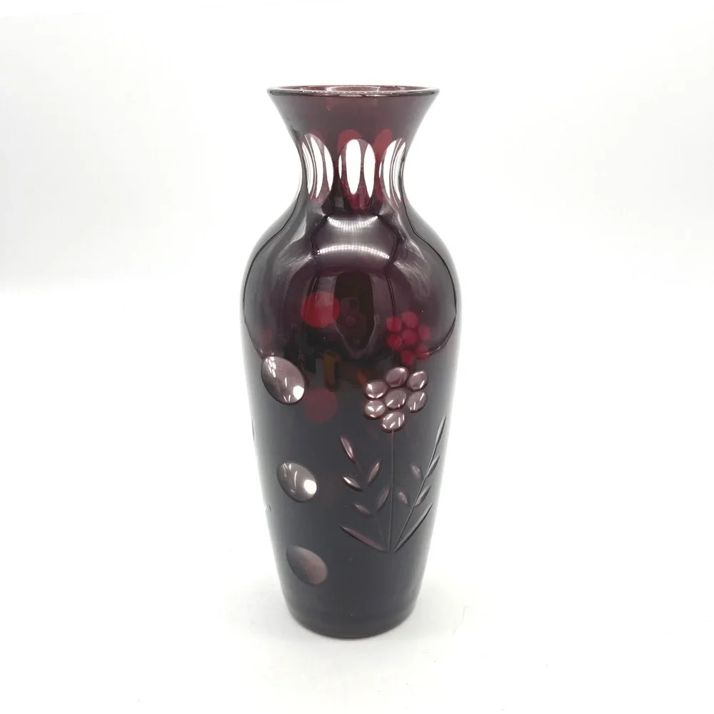 Vintage Bohemian Ruby Red Cut to Clear‎ Floral Glass Vase 7 Inch Cranberry